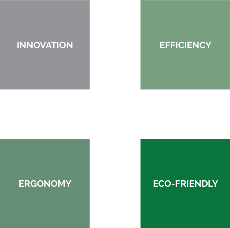 Four squares represent Planipharm Design’s values: Innovation, Efficiency, Ergonomics, Ecology